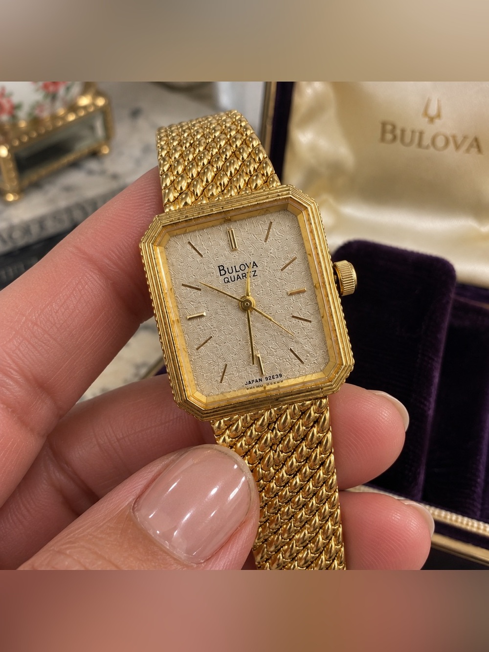Bulova Gold Tone Women's Rectangular Mesh Bracelet Watch